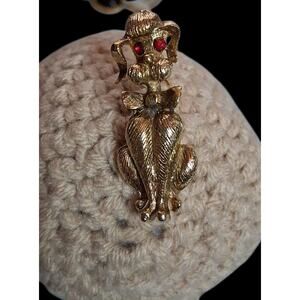 Vtg Gold Tone French Poodle Brooch Pin Red Rhinestone Eyes Miniature 3cm